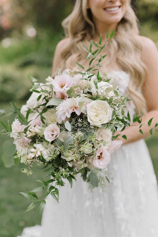 Bridal bouquet with cream David Austin roses, blush Dahlias and greenery